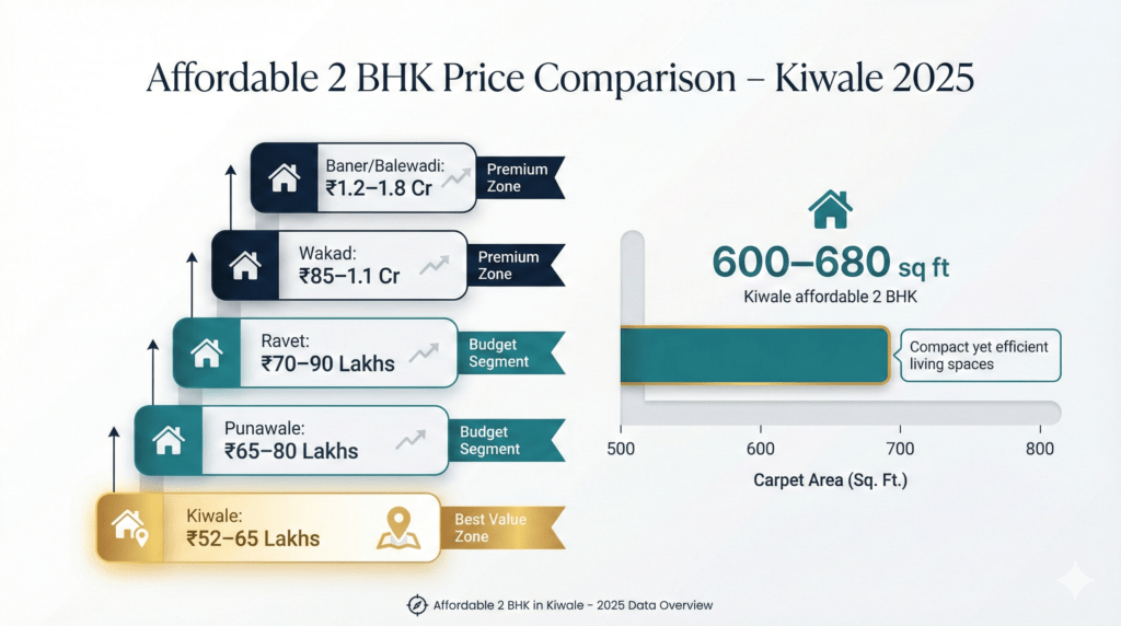Infographic showing price comparison of affordable 2 BHK in Kiwale vs Punawale, Ravet and Wakad with carpet area and price ladder