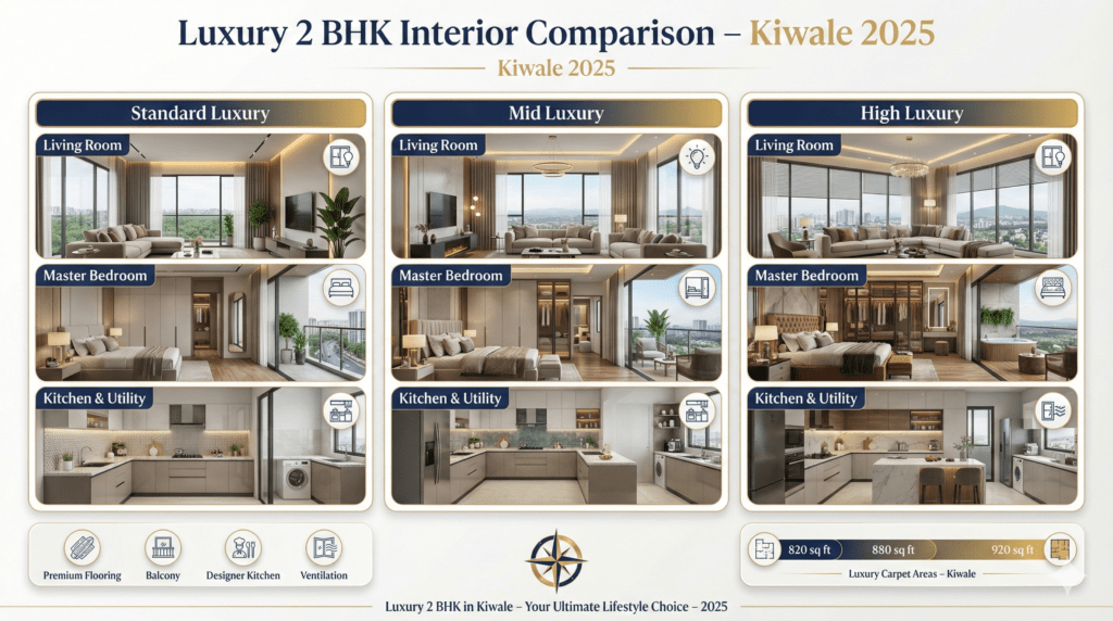 Infographic comparing luxury 2 BHK interior layouts, premium finishes, room sizes and balcony designs in Kiwale residential projects.