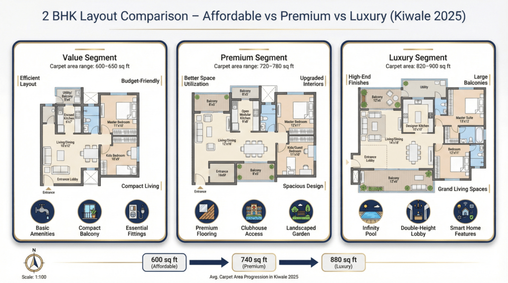 Infographic comparing affordable, premium, and luxury 2 BHK layouts in Kiwale with carpet areas, room sizes, and space utilization for 2025 homebuyers.