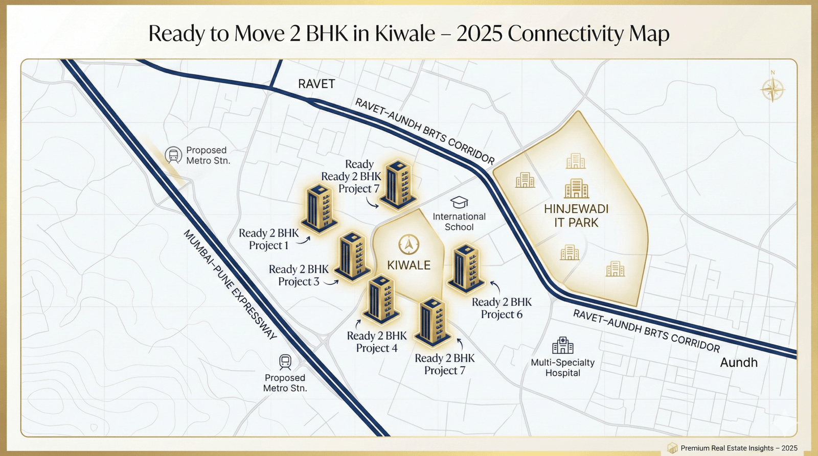 Premium map showing locations of ready to move 2 BHK projects in Kiwale with connectivity to Hinjewadi and the Mumbai–Pune Expressway