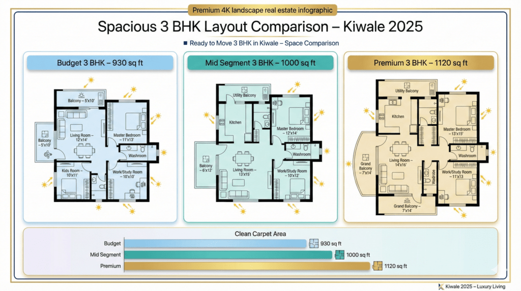 Infographic comparing carpet areas and room layouts of ready to move 3 BHK flats in Kiwale