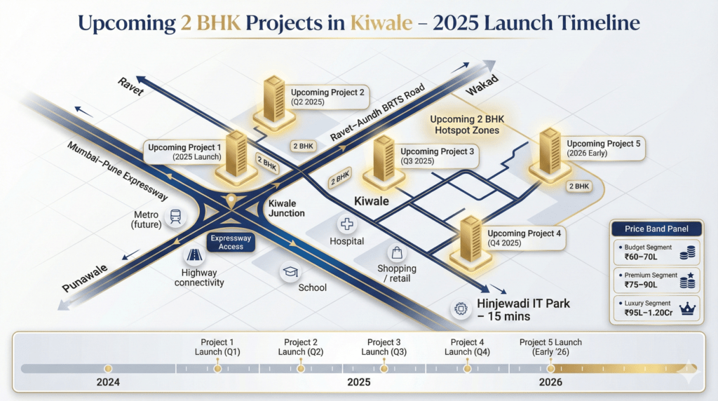 Isometric map showing upcoming 2 BHK projects in Kiwale with launch timelines, road connectivity and price segments for 2025 homebuyers.
